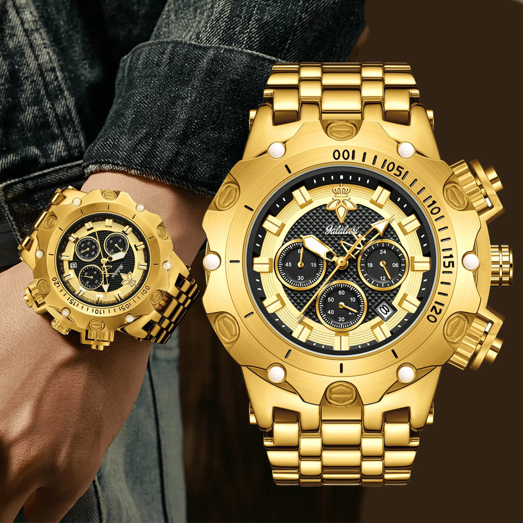 YaLaLuSi Men Gold Watch Multi Chronograph 3 Subdials Heavy Duty  Bracelet Luminous Dial Sport Quartz Wristwatch Male Gift Clock