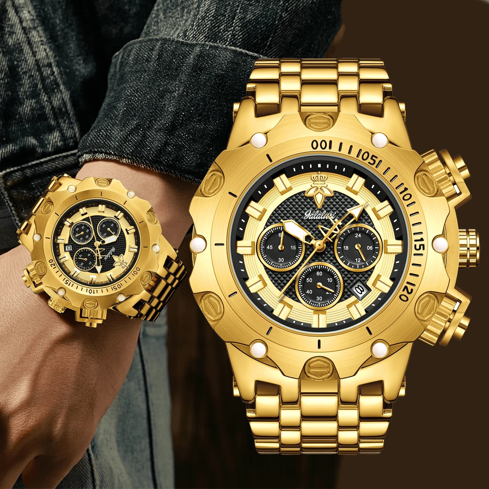 YaLaLuSi Men Gold Watch Multi Chronograph 3 Subdials Heavy Duty  Bracelet Luminous Dial Sport Quartz Wristwatch Male Gift Clock