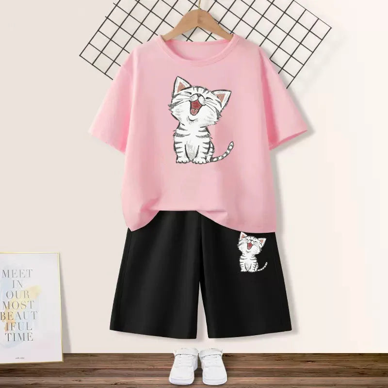 Girls Happy Cat Printed 2PC Outfit Set Summer Fashion Short Sleeve T-Shirt And Shorts Combo Cute Kids Clothing