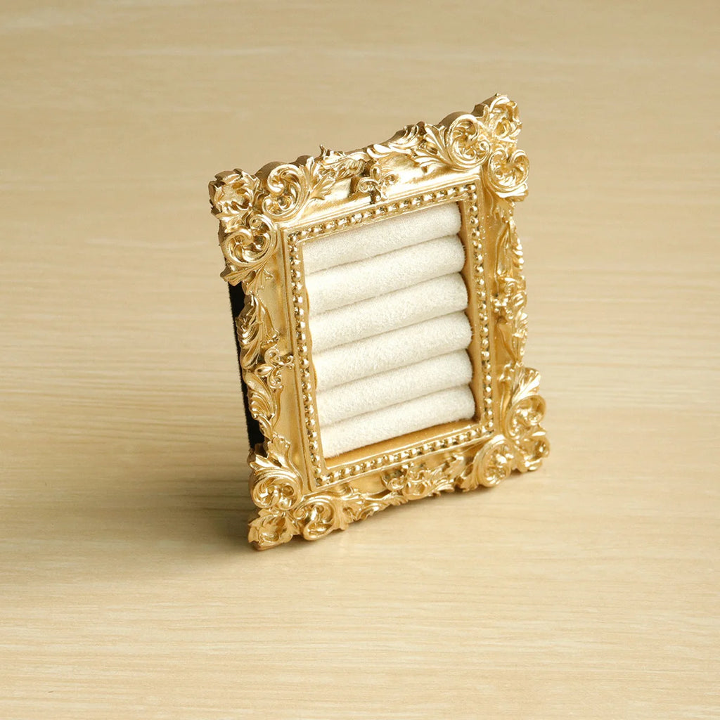 Vintage Gold Ring Display Stand,Suede Earring Tray Baroque Design,Wedding & Birthday Gifts, Velvet Organizer for Engagement Prop