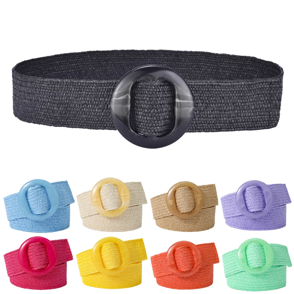 Beltox Women Straw Woven Elastic Wide Belt Solid Color with Matching Plastic Buckle