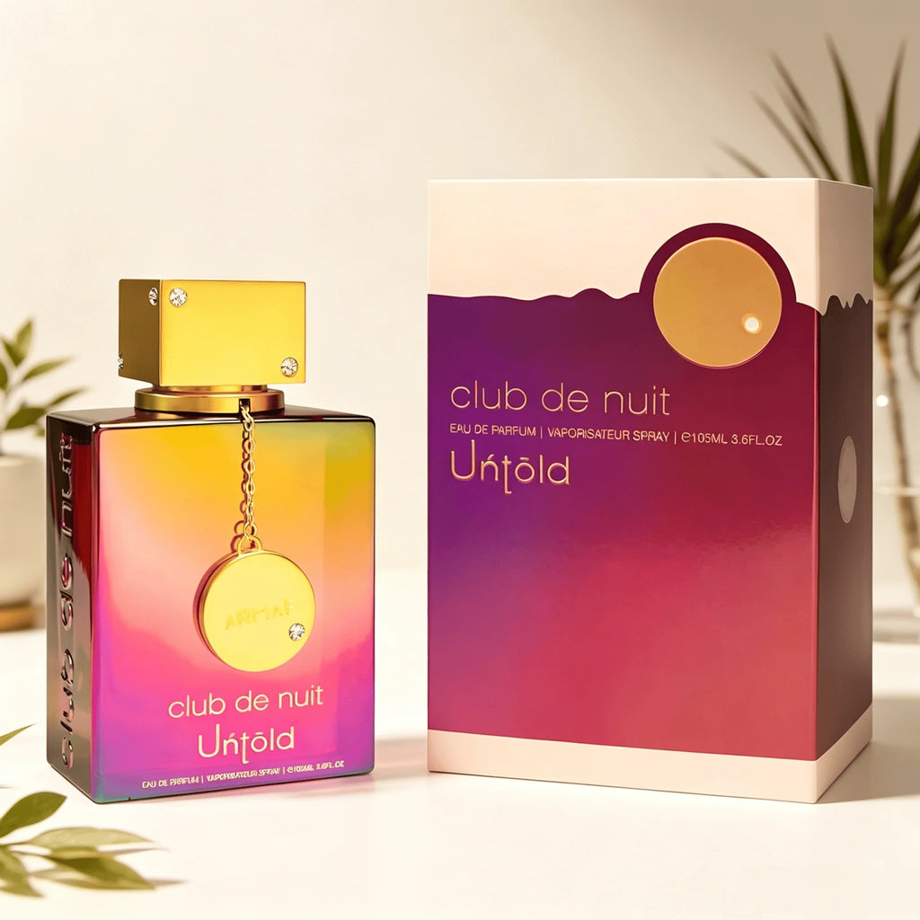 ARMFA Club De Nuit Untold Eau de Parfum 105ML With Original Sunset Gradient Gift Box Long Lasting Rich Sweet Floral Vanilla Musk Fragrance Women Perfume Iridescent Rainbow Square Bottle Gold Chain Pendant Cap Glam Night Scent