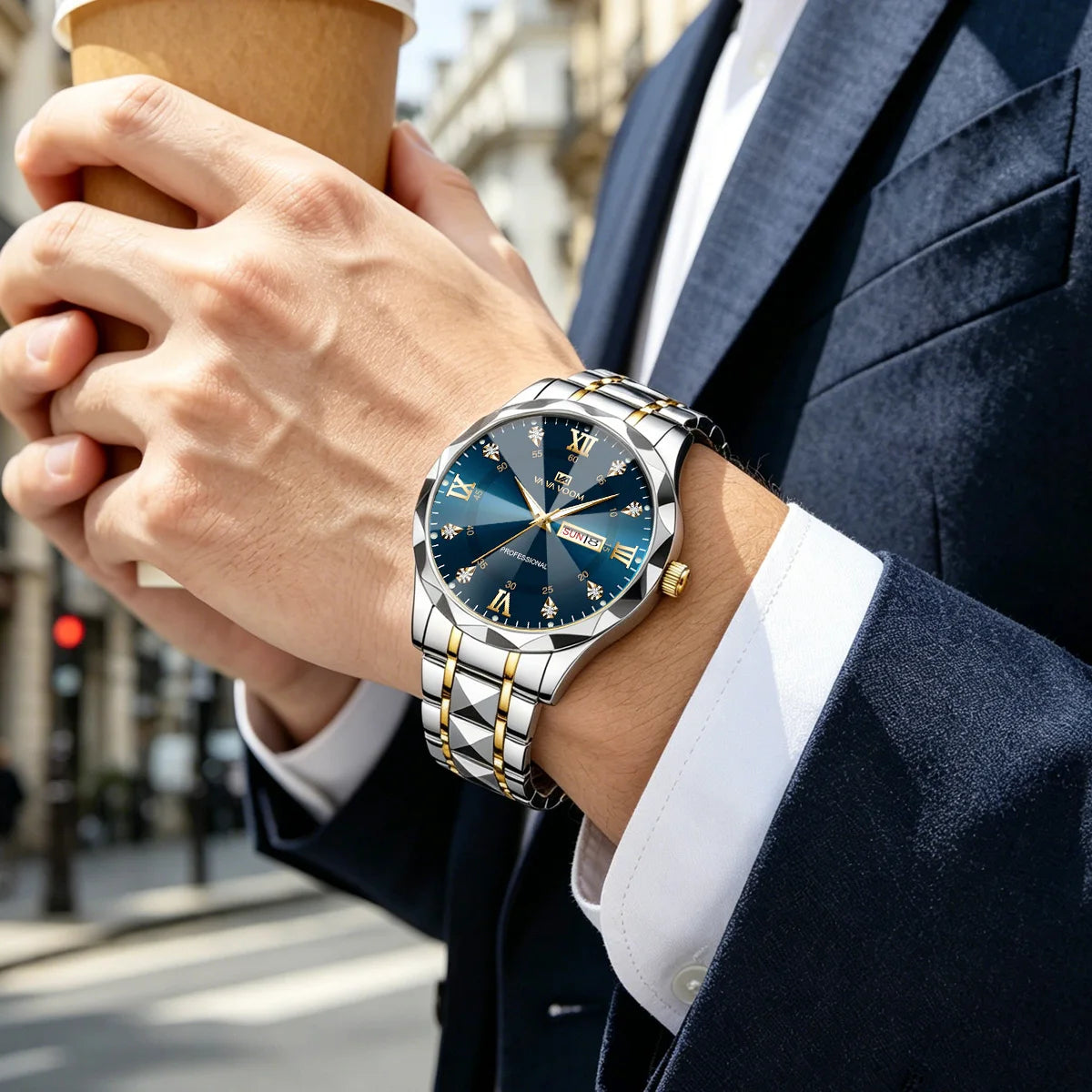 Stainless Steel Watch Men Dual Tone Strap 41mm Blue Rhinestone Dial Quartz Business Clock Suitable Dinners Dates Formal Watches