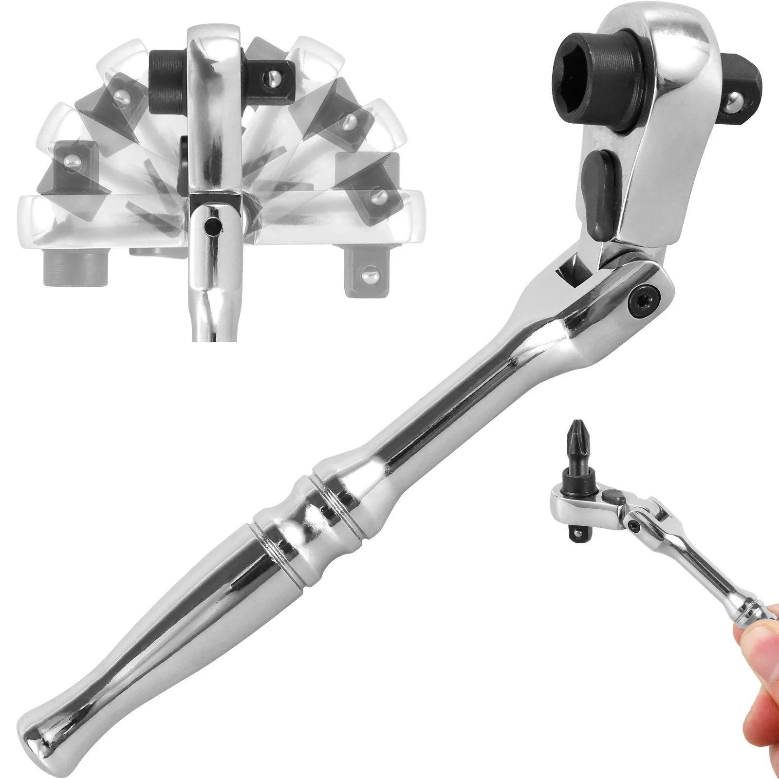 Ratchet Handle Chrome Vanadium Steel 2-in-1 Multi-Purpose Reversible Resilient Head Ratchet Wrench 1/4'' Drive Ratchet Handle