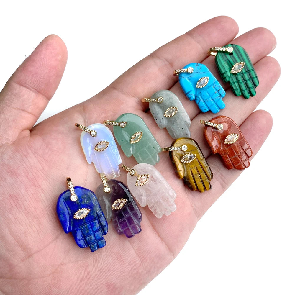 Fatima Hamsa Hand Evil Eye Pendant Lapis Lazuli Amethysts Rose Quart Natural Stone Charm For Making Necklace Bracelet Accessorie
