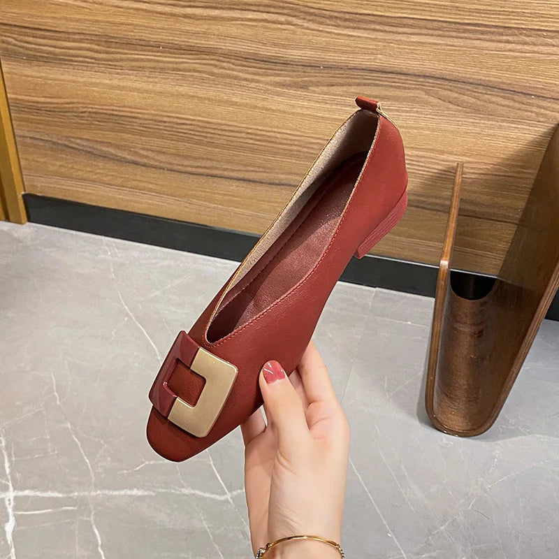Woman Square Toe Low Heeled Metal Decoration Red Mary Janes Cute Casual Ballerina Female Flats Elegant Soft Soled Flat Shoes