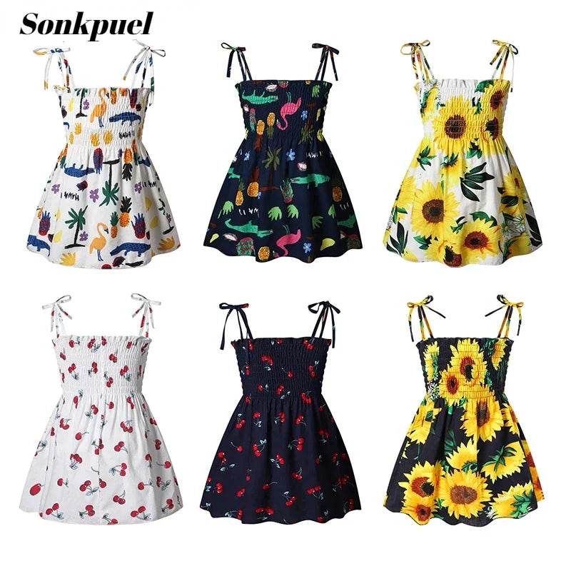 1-6 Years Kids Girls Sleeveless Flower Sundress Summer Beach Strap Princess Dress Cotton Children Clothes Girls Casual Dresses