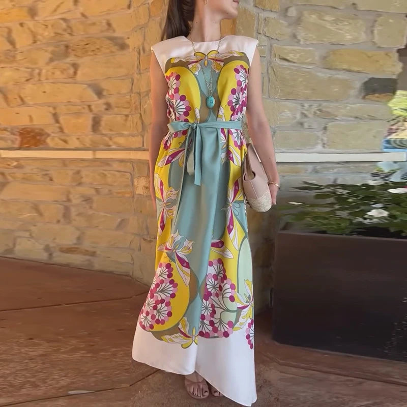 Women Printed V Neck Long Dress Flared Sleeve Lotus Leaf Edge High Waist Slim Fit Maxi Dresses Lady Elegant Evening Party Dress
