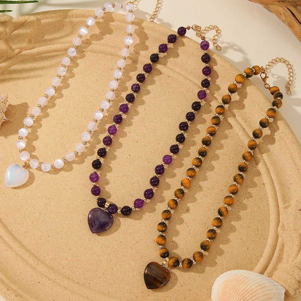 Fashion Ins Heart Stone Pendant Necklace for Women Bohemian CCB Beaded Necklace Jewelry Party Girlfriend Gifts