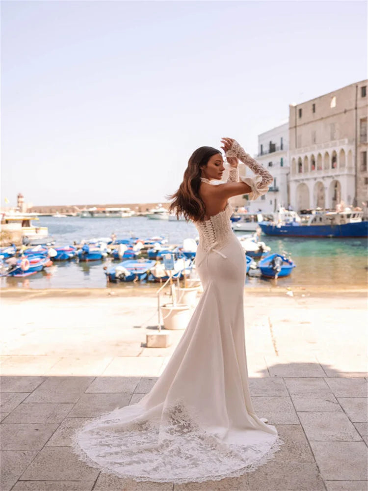 Customized Strapless Neckline Long Sleeves Satin Mermaid Wedding Dress Lace-up Back Floor Length Sweep Train Gown For Bride 2027