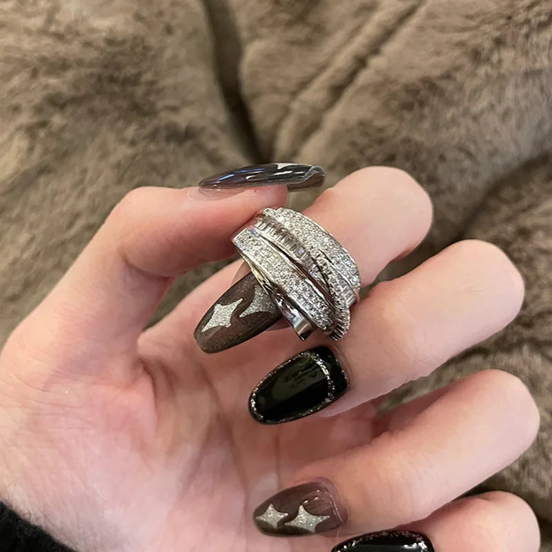 Light Luxury Inlaid Cubic Zircon Finger Ring For Women Classic Cross Design Open Ring Bride Jewelry For Engagement Wedding K0