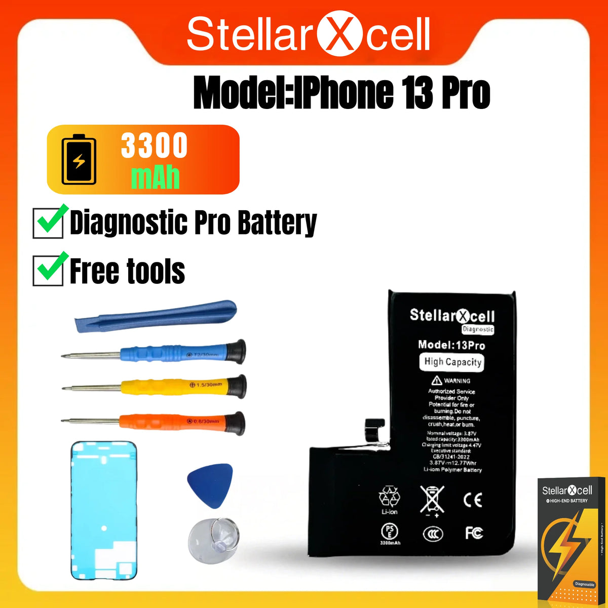 StellarXcell Diagnostic Battery Show Genuine Part No Pop Up Message for iPhone 12mini 13Pro 14Plus 15Promax Battery Replacement