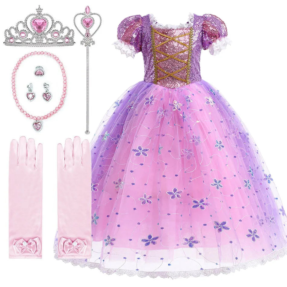 Children Halloween Costume Little Girls Rapunzel Costume Sequins Purple Dress Kids Princess Cosplay Dress 3 4 5 6 7 8 9 10 Years