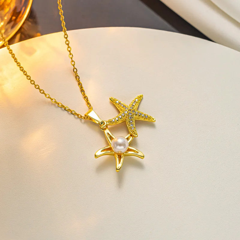Yupsk Fashion Personalized Shell Starfish Pearl Necklace for Women  Versatile Shiny Zircon Engagement Wedding Party Jewelry