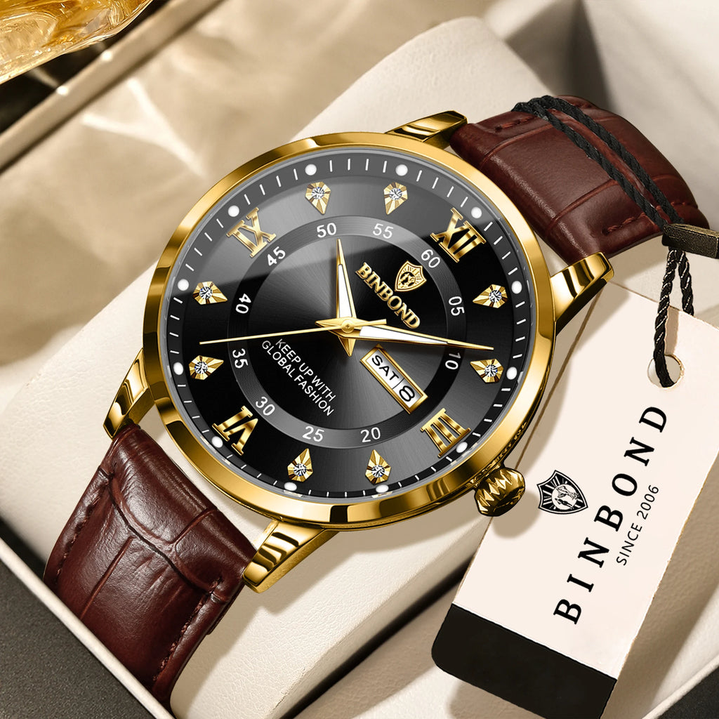 BINBOND quartz watches for men luxury sturdy luminous waterproof auto date week display accurate men's watch business reloj