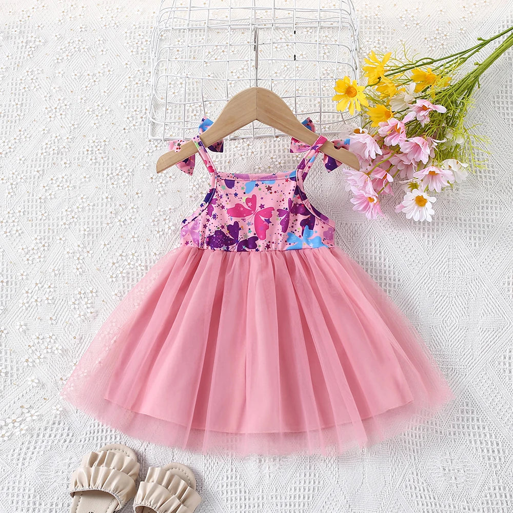 Summer Baby Girl Dress With Cute Floral Print Suspender, Sweet Princess Chiffon Dress For Girls