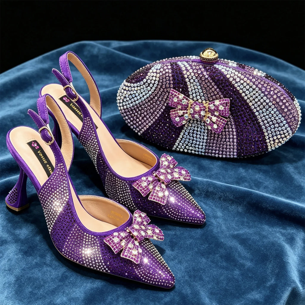 Elegant Nigerian-Inspired Rhinestone High Heels with Orange Mini Oval Bag - Stylish Women's Shoes for Special Occasions