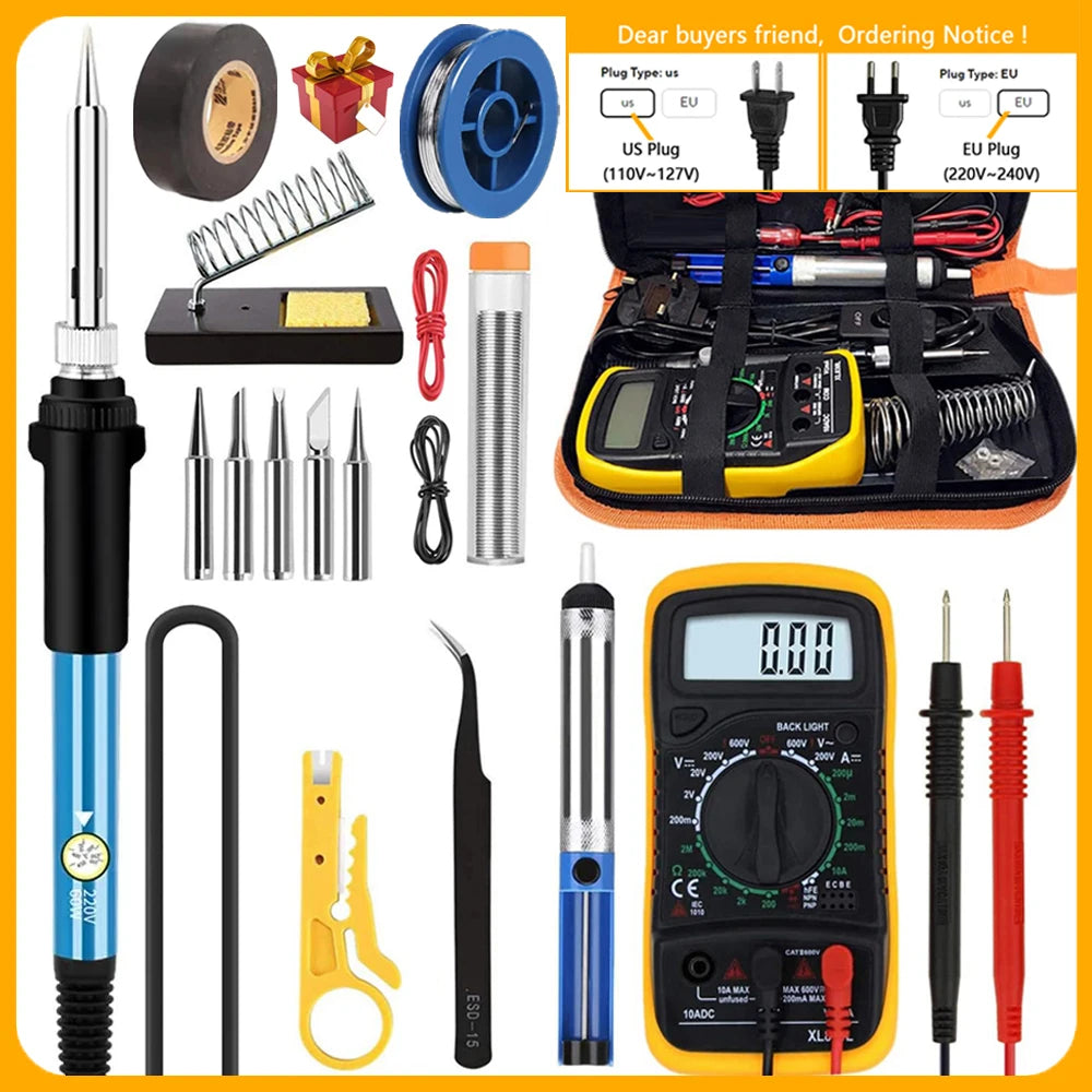 NEW Soldering Iron Kit Welding Tool (908-02:16-IN-1)(908-06:20-IN-1 With Digital Multimeter) 5 Extra Tips EU/US Plug 60W