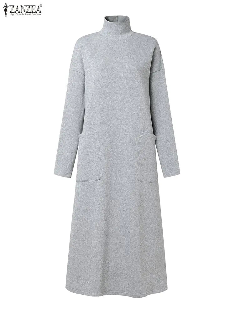 ZANZEA Fashion Sweatshirt Dress Women Casual Turtleneck Long Sleeve Solid A-Line Midi Dresses for Woman FW 2025 Cozy Warm Robes