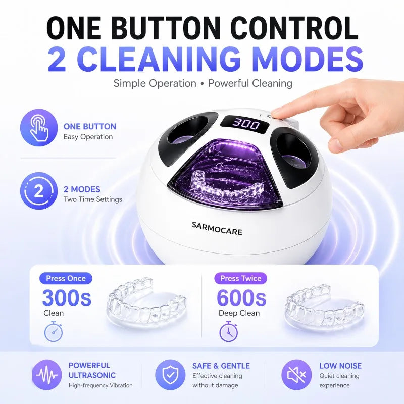Dental Cleaning Pod 45kHz Ultrasonic Retainer UV Cleaner Machine Digital Timer 2 Modes 200ML Capacity for Dentures Mouth Guards