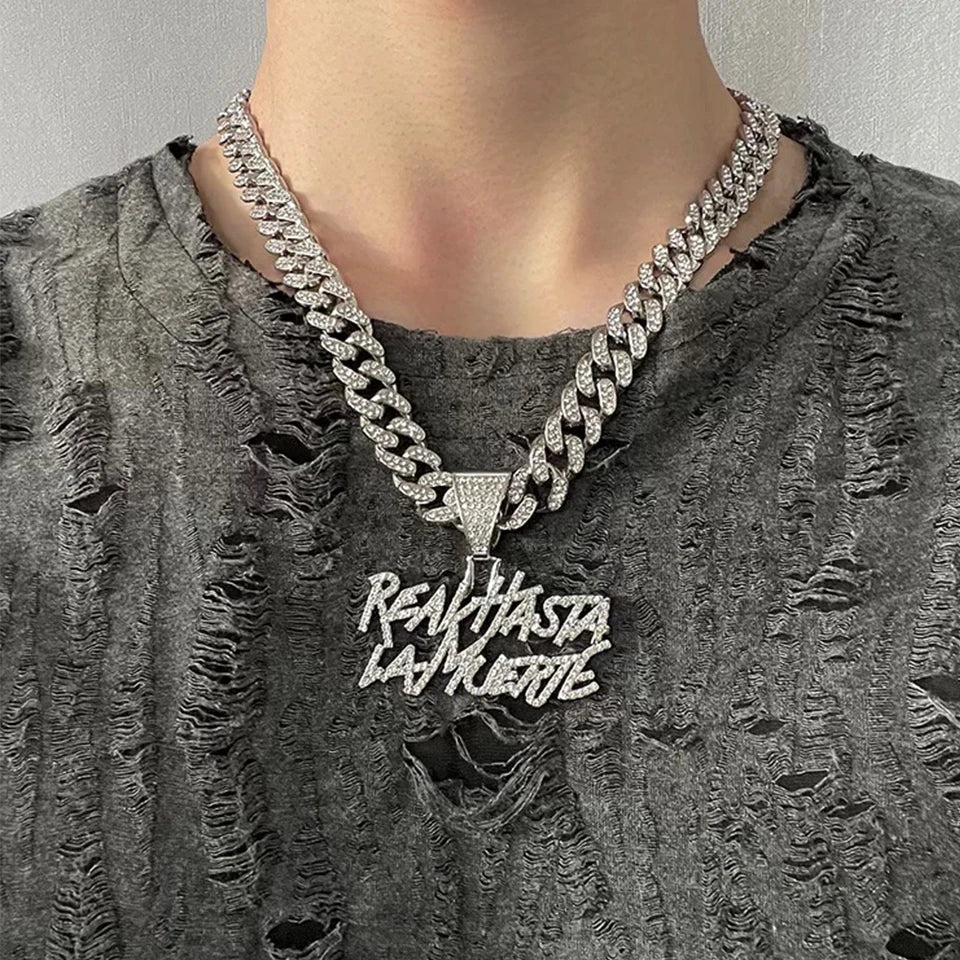 ZAKOL Hip Hop Letter Pendant Necklace for Women Men Shiny Rhinestones 13MM Cuban Chain Necklaces Fashion Jewelry Gifts