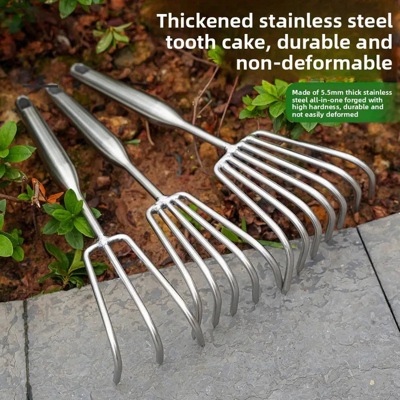 Stainless Steel Small Rake with Integrated Steel Handle Multi-claw Soil Rake for Garden Soil Loosening & Raking Tool