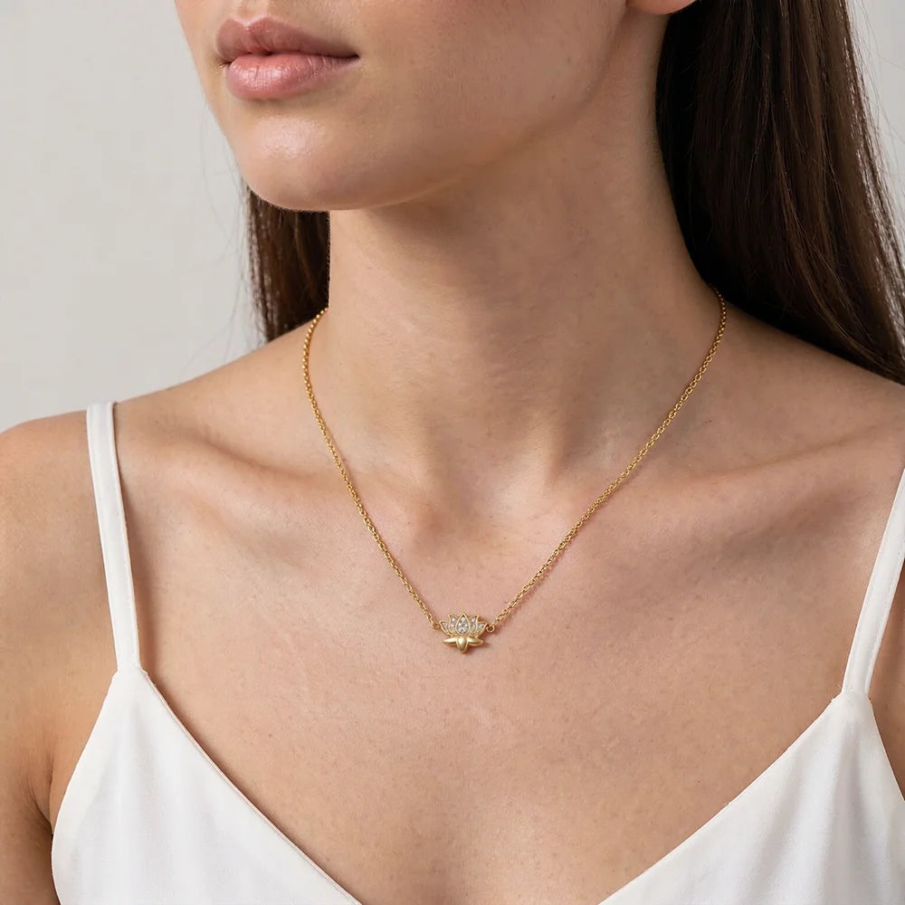 Skyrim Lotus Pendant Necklace for Women Stainless Steel Gold Color Cubic Zirconia Flower Clavicle Chain Spiritual Yoga Jewelry