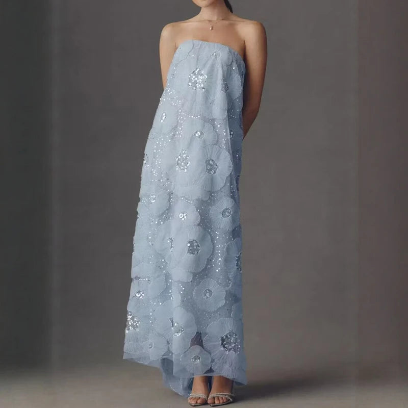 Women's Strapless Maxi Dress 3D Floral Appliques Sequin Beading Sleeveless Tube Top Long Dress Wedding Guest Evening Party Gowns