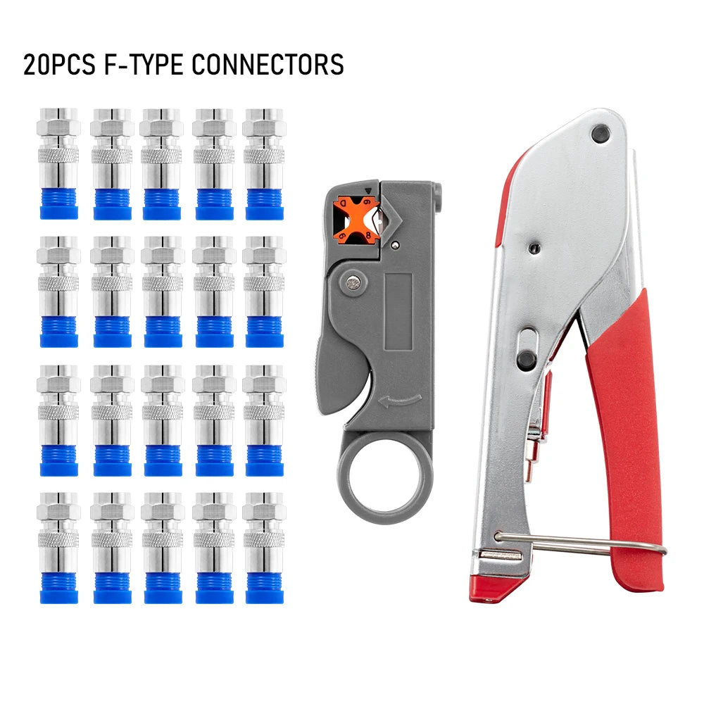 Coaxial Cable Crimping Pliers Set RG6 RG59 Wire Stripper Crimper Tool Kit 10pcs RG6 F-type Compression Connectors
