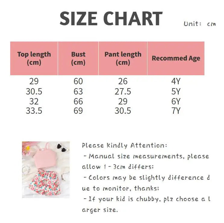 2PCS Summer Children Girl Lovely Clothes Set Pink Sling Short Sleeveless Top+Flower Shorts Daily Casual Wear Kids Girl 4-7 Years