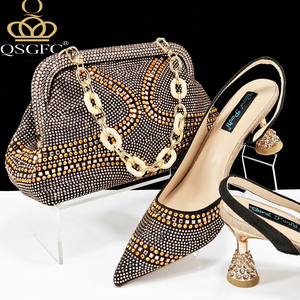 QSGFC New Italian Pumps and Bag To Party 2024 INS Style Pointed-Toe Rhinestone Elegant High Heels Champagne Wedge for Women