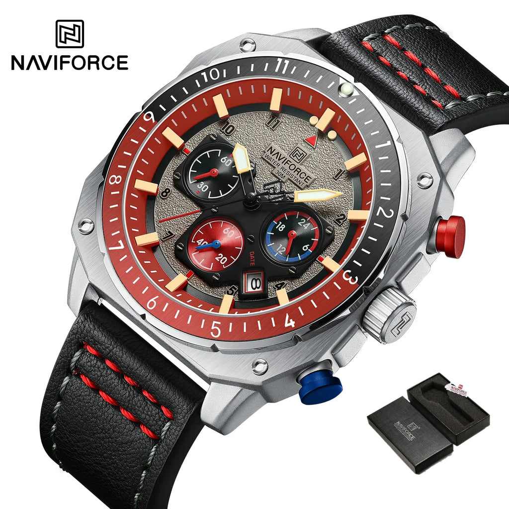 NAVIFORCE Sports Multifunction Waterproof Watches for Men Fashion Leather Luxury Brand Quartz Analog Luminous Square Wrist Watch