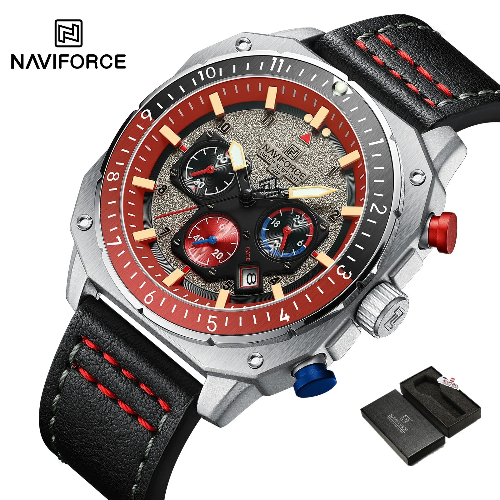 NAVIFORCE Sports Multifunction Waterproof Watches for Men Fashion Leather Luxury Brand Quartz Analog Luminous Square Wrist Watch