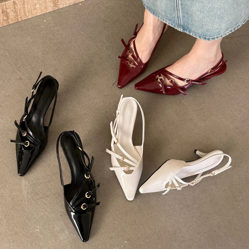 Aneikeh 2026 Designer Buckle Strap Narrow Band Pumps Women Sexy Pointed Toe Thin Heels Wedding Banquet Dress Mule Ladies Shoes