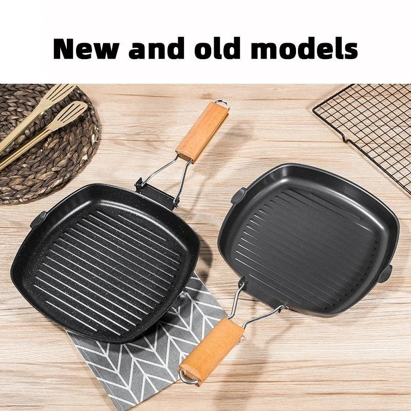 Foldable Portable Outdoor Grill Pan - Anti-Scald Wooden Handle, Double-Sided Steak Pan for Picnic, No Lid