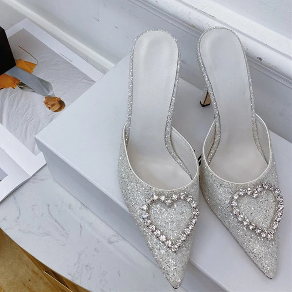 2023 New Shallow Mouth High-heeled Women's Shoes Love Rhinestone Shining Thin Heel Slippers Pointed Women's Single Shoes