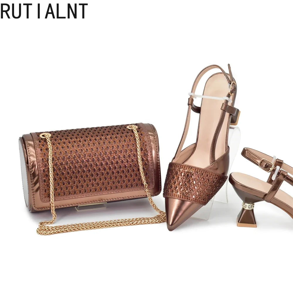 New Arrival Women Italian Shoes and Matching Bags Sets Decorated with Rhinestone Fashion Party Shoes and Bag Match for Women
