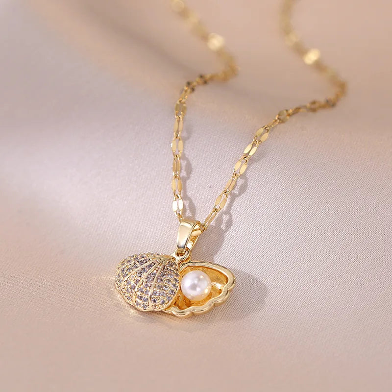 Yupsk Fashion Personalized Shell Starfish Pearl Necklace for Women  Versatile Shiny Zircon Engagement Wedding Party Jewelry