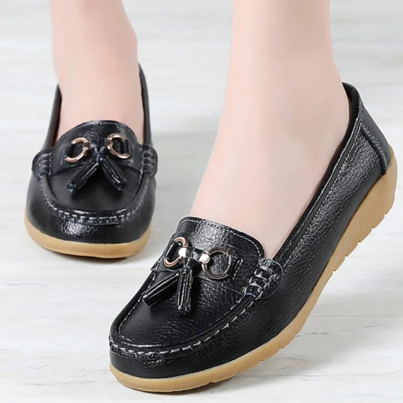 Genuine Leather Women Flats Fashion Casual Women Shoe Moccasins Shoes Woman Slip On Flat Shoes Black Ladies Shoes Plus Size