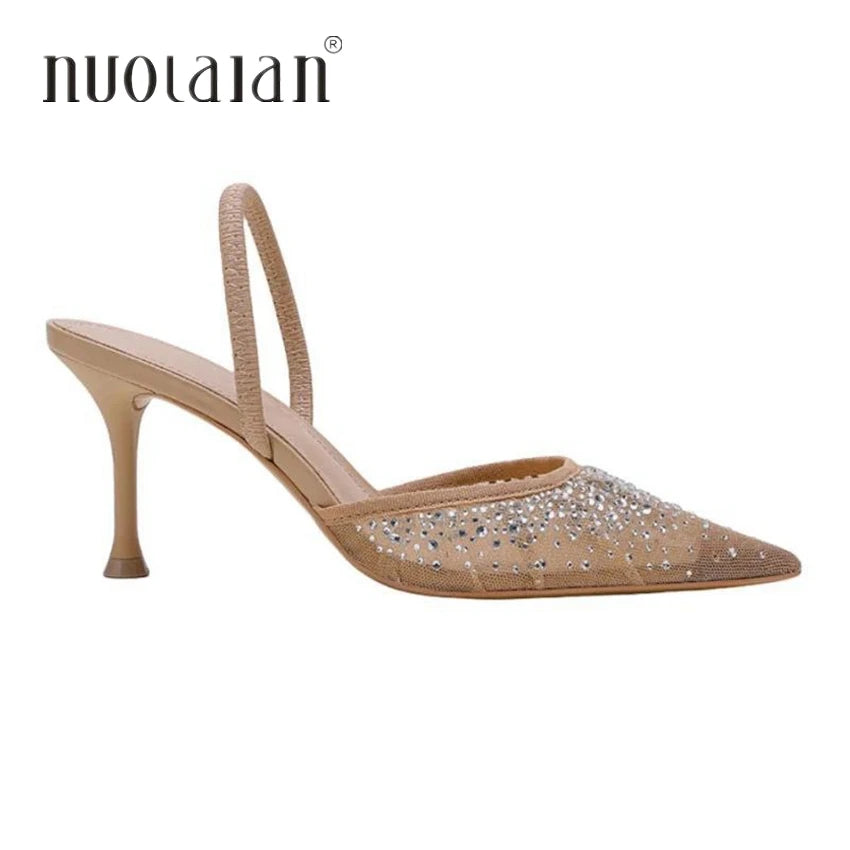 2025 Women High Heels Sandals Summer Fashion Mesh Rhinestone Slingback Woman Pumps Elegant Woman Sandals Party Lady Shoes