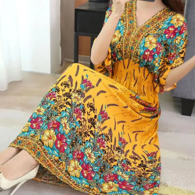 2025 Summer New Casual Elegant Retro Bohemian Style V-neck Elastic Waist Large Swing Printed Long Skirt Autumn Summer Dress