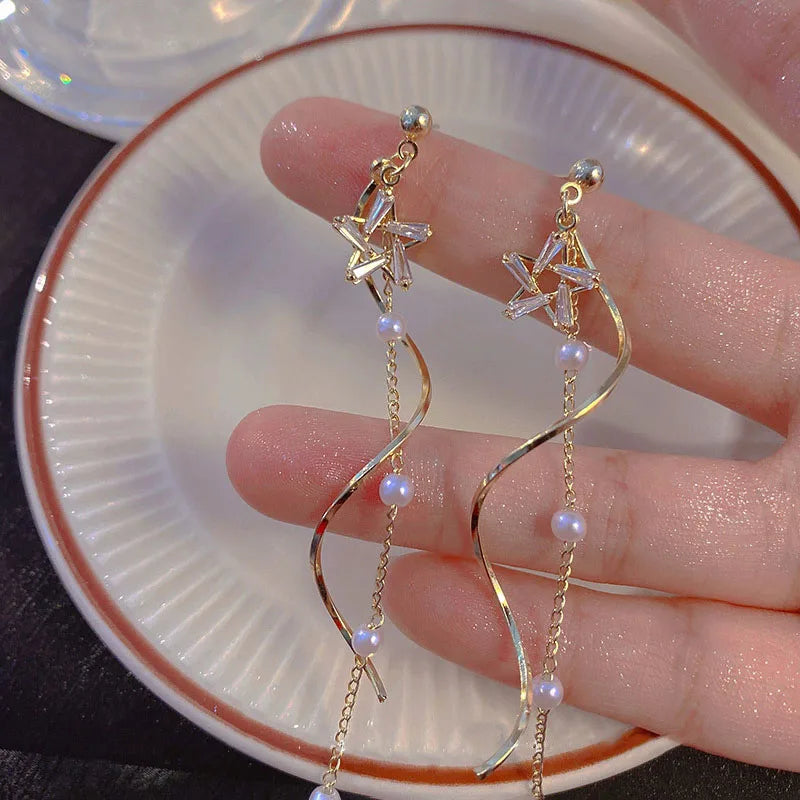 Light Luxury Zircon Star Pearl Wave Long Tassel Earrings Women Temperament Fashion Jewelry Dainty Gifts