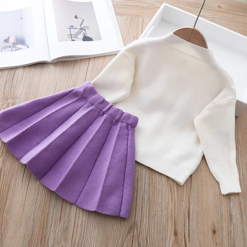 Girls Long Sleeve Knitting Suit 2025 Christmas Autumn Winter New Girls Sweater Cardigan Knitting Top + Skirt Two Piece Set