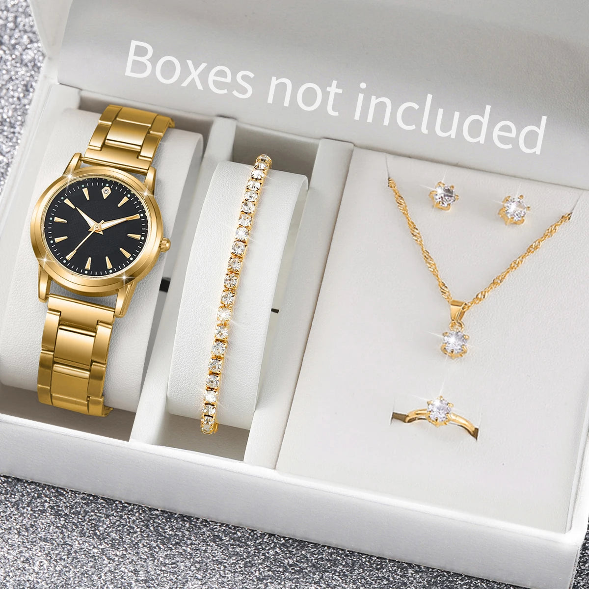 6PCS/Set Fashion Women Watches Gold Plated Band Ladies Quartz Watch Rhinestone Jewelry Set Relogio Feminino（Without Box）