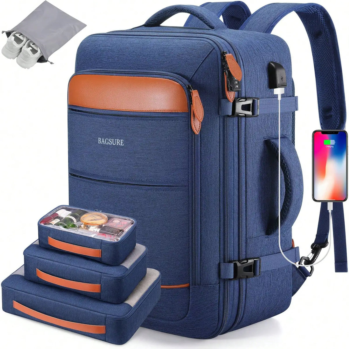 5PCS Travel Backpack Carry On Backpack 42L Flight Approved, Expandable Laptop Backpack With Packing Cubes & Shoe Pocket