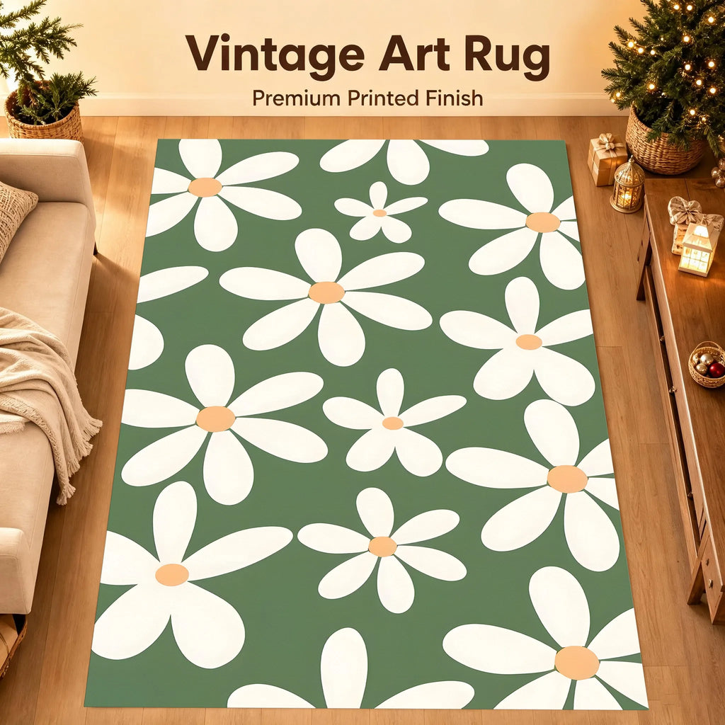 Green Daisy Print Rug Soft Velvet Area Carpet Living Room Bedroom Home Decor Carpet Mat