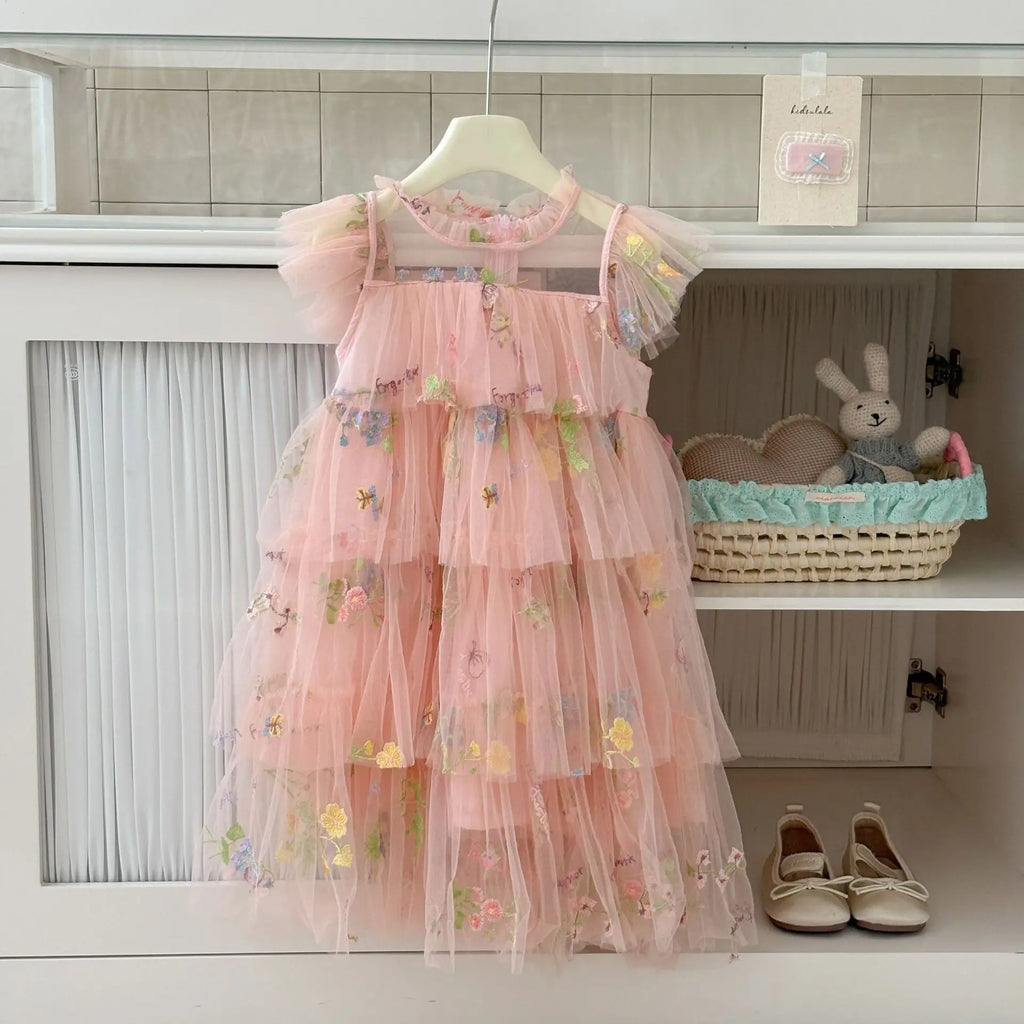 Girls Princess Dress Fairy Tulle Sweet Embroidered Cake Layered Dress for Kids Puffy Mesh Gown Birthday Party Wedding Dress