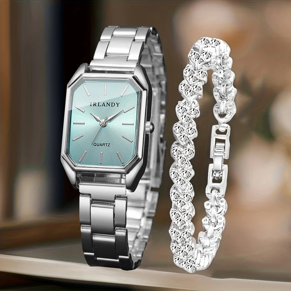 2PCS Fashion Rectangle Women Quartz Watch Rhinestone Bracelet Set Elegant Ladies Wristwatches Relogio Feminino（Without Box）
