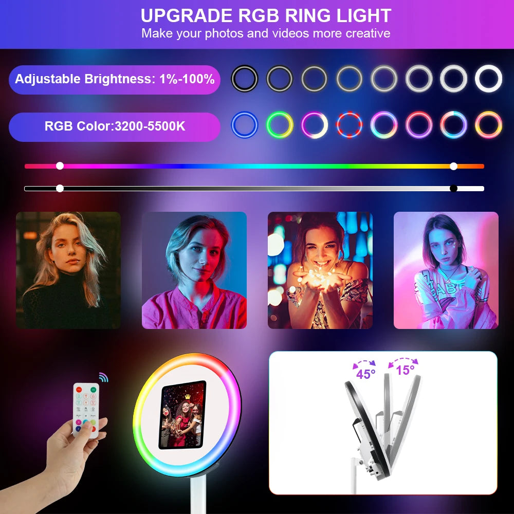 Adjustable Height Photo Booth with RGB Light for 10.5/11/12.9 Inch IPad Aluminum Alloy Professional Ipad Photobooth Kit for Wedding Birthday Party Photography Props