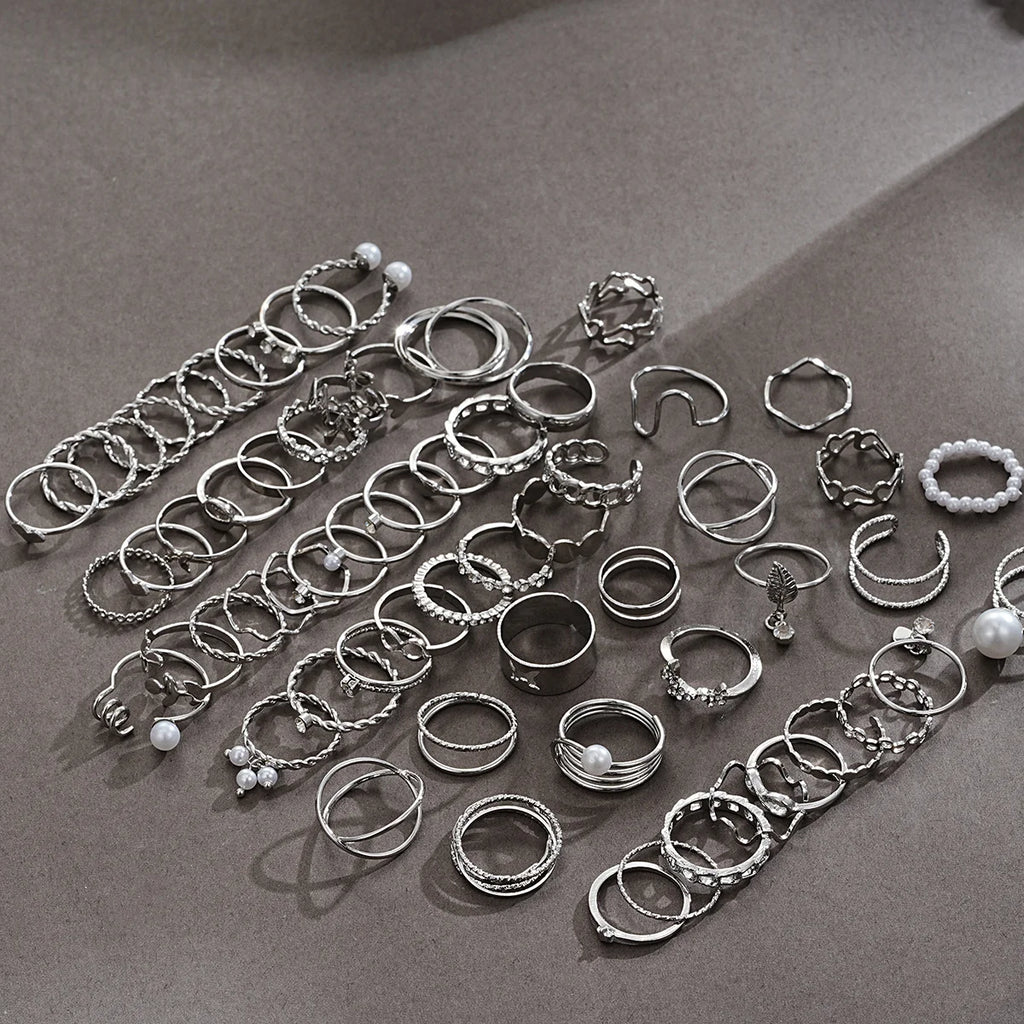 64 Pcs Silver Color Geometric Knuckle Rings Set For Women Heart Cross Leaf Pearl Charm Finger Ring Female Boho Party Jewelry